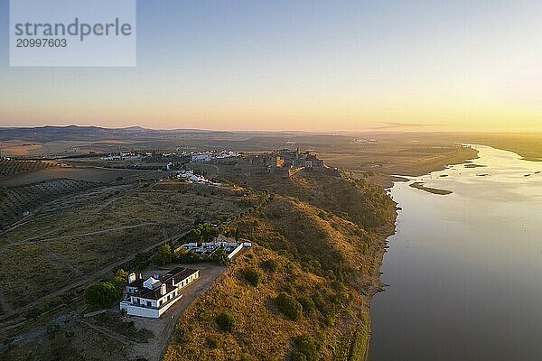 Juromenha castle  village and Guadiana river drone aerial view at sunrise in Alentejo  Portugal  Europe