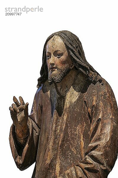 Detail of Christ  Palmesel  wooden figure around 1520  on a white background  Diözesan Museu  Rottenburg  Baden-Württemberg  Germany  Europe