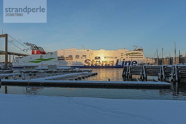 Gothenburg  Sweden  december 04 2021: Passenger ferry Stena Scandinavica arriving port of Gothenburg in winter  Europe