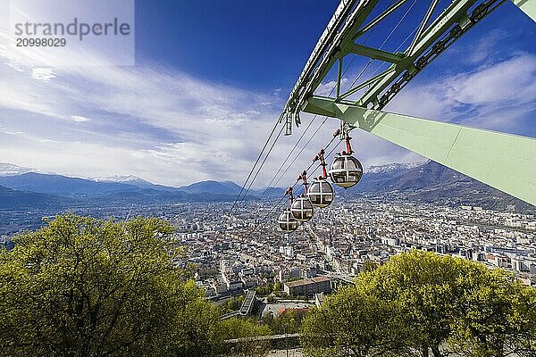 Grenoble city and cable car seeing from Bastille viewpoint in France