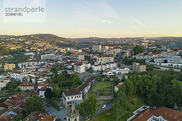 Amarante drone aerial view with beautiful church and bridge in Portugal at sunrise