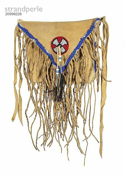 Bag of the North American Indians. Made from deerskin embroidered with colourful glass beads and leather cords on a white background