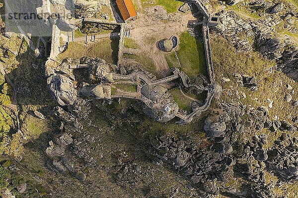 Drone aerial above top view of Monsanto historic castle  in Portugal