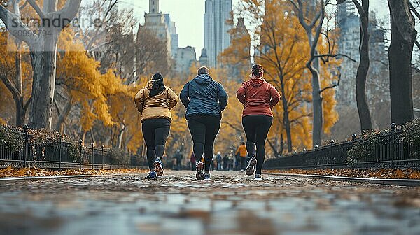 Three overweight women running in a park on a cloudy day. AI generated