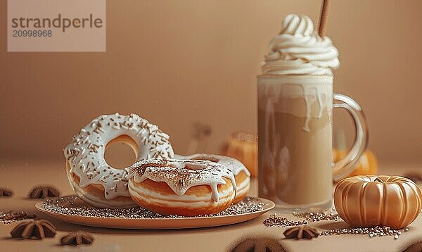 An image of pumpkin spice donuts on a light brown background AI generated