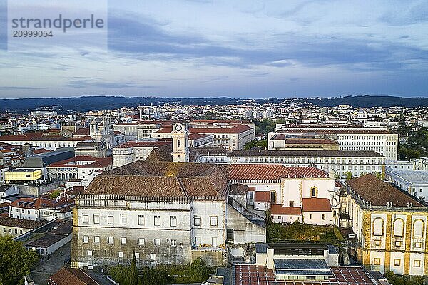 Coimbra drone aerial of beautiful buildings university at sunset  in Portugal