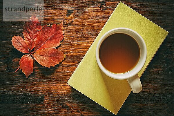 Cup of tea on a book and autumnal leaf seen from above in vintage style