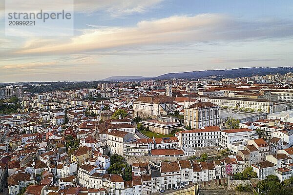 Coimbra drone aerial of beautiful buildings university at sunset  in Portugal