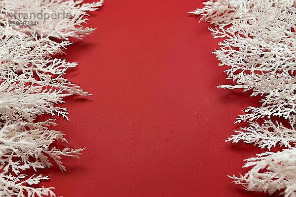 Different Christmas decorations on the red background.