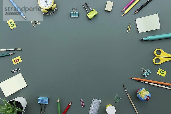 Back to school conceptual flat lay with different office supply objects and copy space area for text. Concept for primary and secondary school pupil on green background. Alarm clock  eraser  ruler