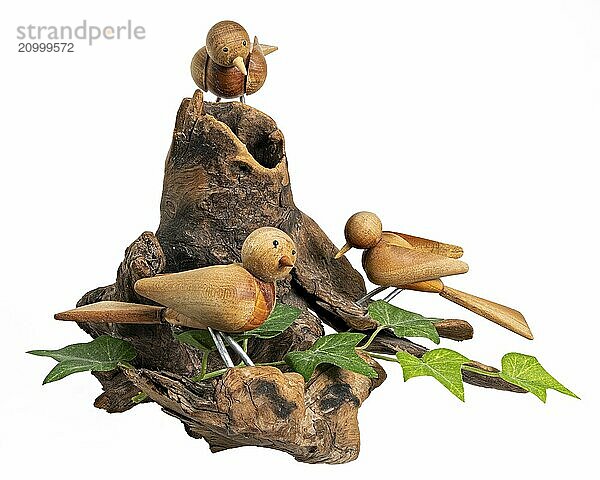 Wooden model with 3 turned birds on a tree root  painted on white