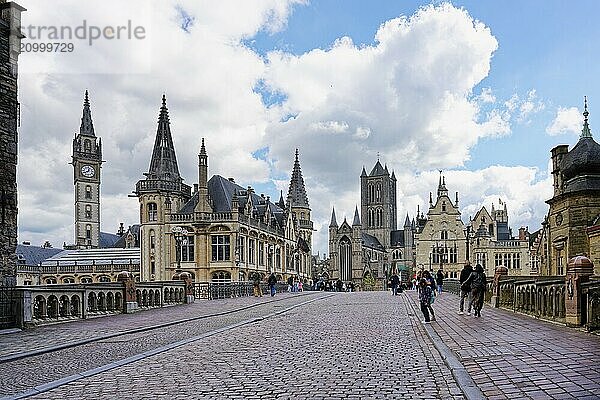 St. Michael bridge with the former Post Office building and Gothic St. Nicholas Church  Ghent  Flanders  Belgium  Europe