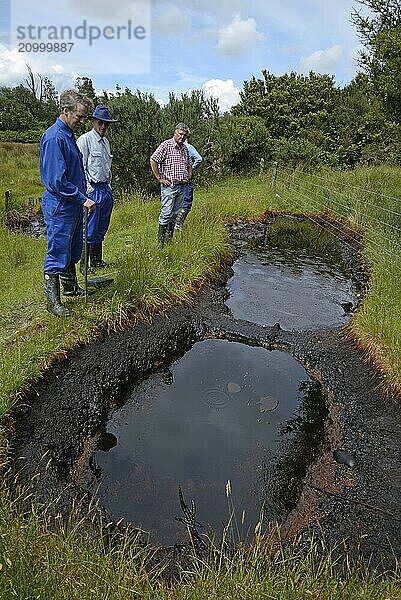 GREYMOUTH  NEW ZEALAND  JANUARY 3  2015: A team of oil prospectors inspect a natural oil seep at Kotuku near Greymouth  New Zealand  January 3  2015  Oceania