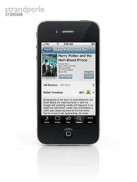 Harry Potter movie at iTunes store on display of Apple iPhone 4 smartphone isolated with clipping path on white background