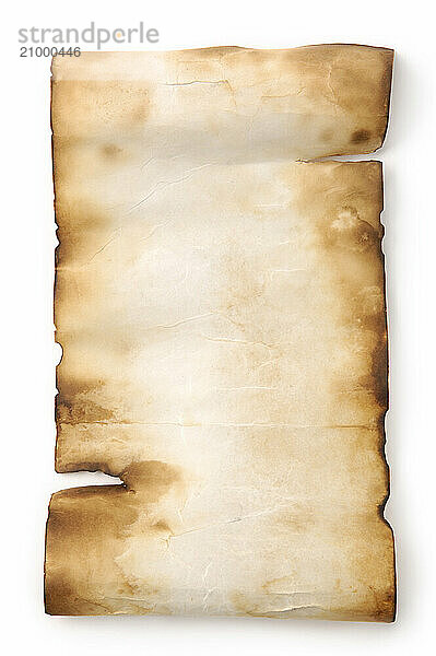 Unfolded blank roll of yellowish burnt vintage parchment isolated over white background