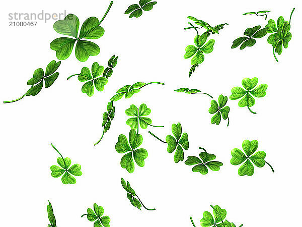 3D illustration of falling shamrock leaves Saint Patricks day symbol isolated on white background