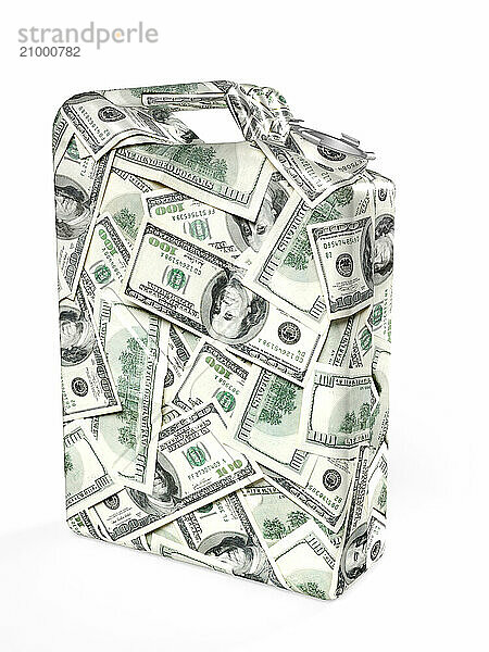 Gas canister made from dollar bills isolated on white background