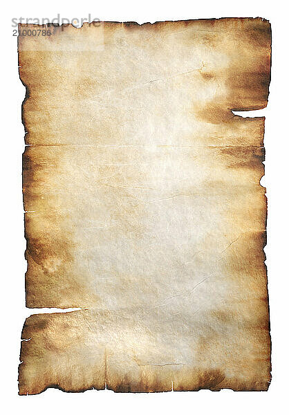 Stock photo of a Vintage rustic yellowish parchment paper with burnt edges Isolated silhouette on white background