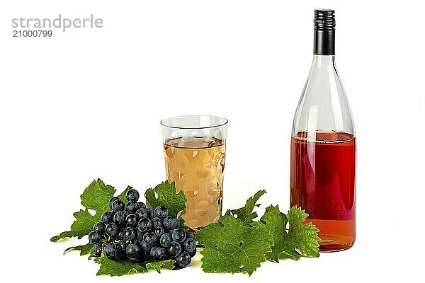 Rose wine with red Dornfelder grapes and vine leaves on white