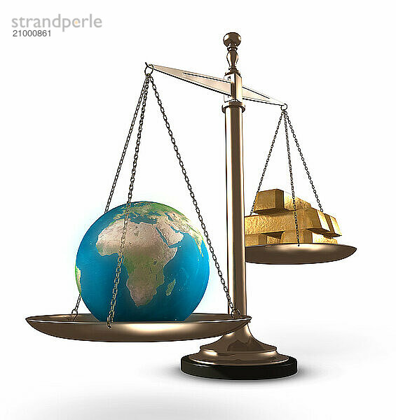 The Earth outweighing bars of gold on scales Conceptual 3D Illustration Isolated Silhouette on white background