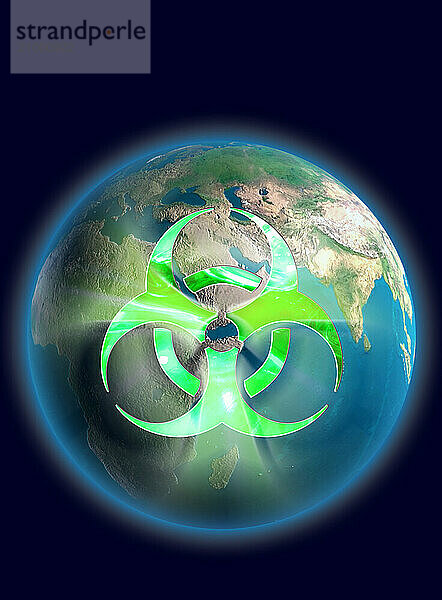 Illustration of a Glowing biohazard symbol over Earth globe Conceptual 3D illustration Environment and ecology concept Isolated on dark blue background