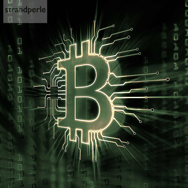 Bitcoin ? cryptocurrency  digital decentralized currency symbol  conceptual illustration of a bitcoin logo connected to a blockchain network bit matric in green colors