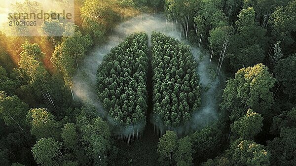 Aerial view of heart-shaped tree formations shrouded in mist at sunrise in a forest  AI generated