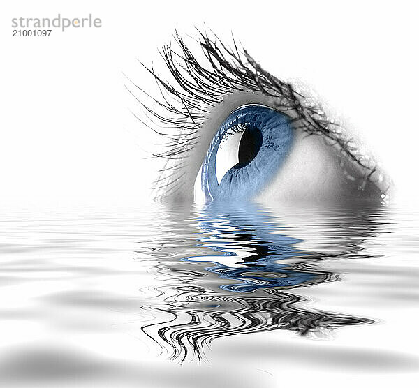 Blue female eye macro photography. Eyesight vision biometrics concept. Digital art effect of reflection in the water