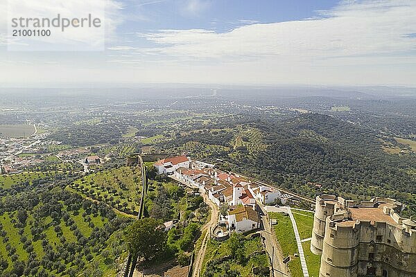 Evoramonte drone aerial view of village and castle in Alentejo  Portugal  Europe