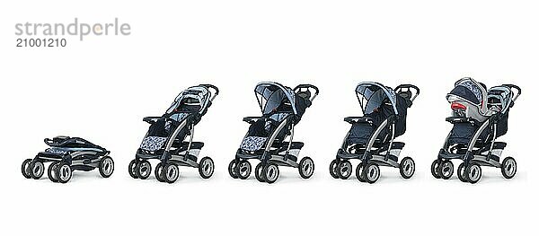 Modern convertible baby stroller sequence of images isolated on white background