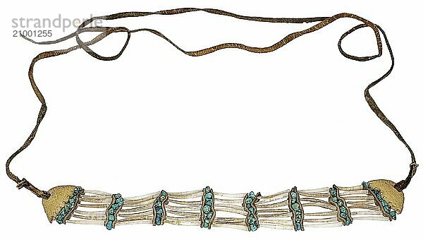 Indian necklace made from shells  turquoises and leather strips on a white background