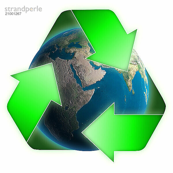 Illustration of a Recycling symbol over Earth globe Conceptual 3D illustration Environment and ecology concept Isolated on white background