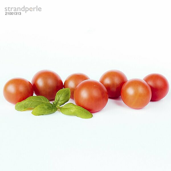 Red cherry tomatoes with green basil on a white background.