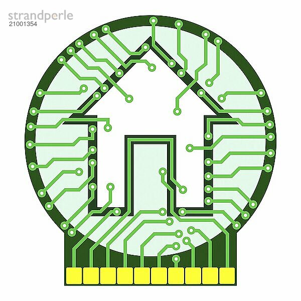 Connected home logo conceptual illustration. Circuit board with house symbol isolated on white background. Vector illustration is available on request