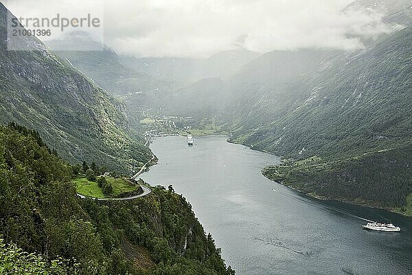 Geiranger in a cloudy and foggy day seen from above  Norway  Europe