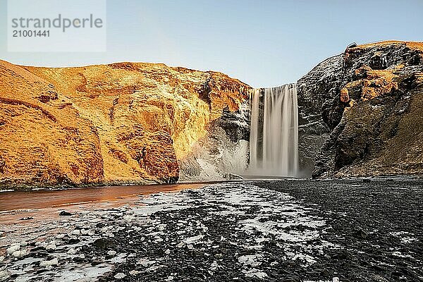 Beautiful Skogafoss waterfall during the winter season  Iceland  Europe