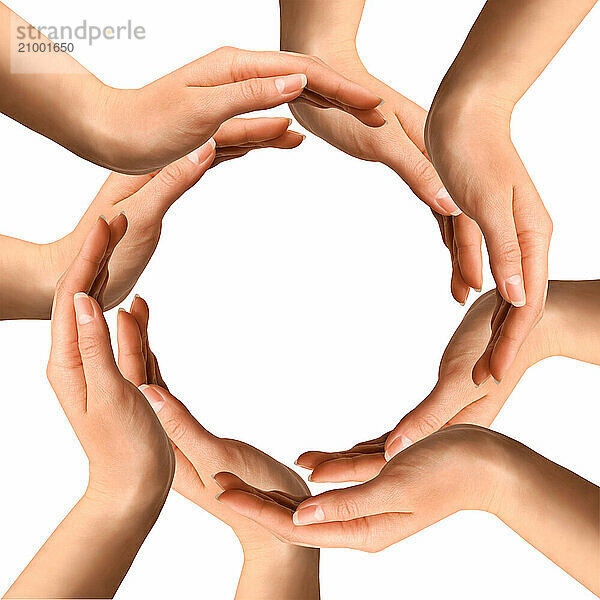 Conceptual symbol of human hands making a circle on white background with a copy space at the centre