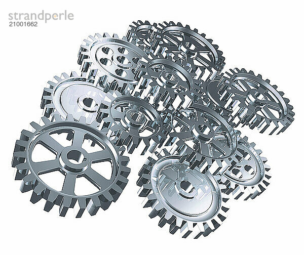 3D illustration of a Set of gears  mechanical gear box  pinion wheels. Abstract machinery Shiny steel gears isolated on black background