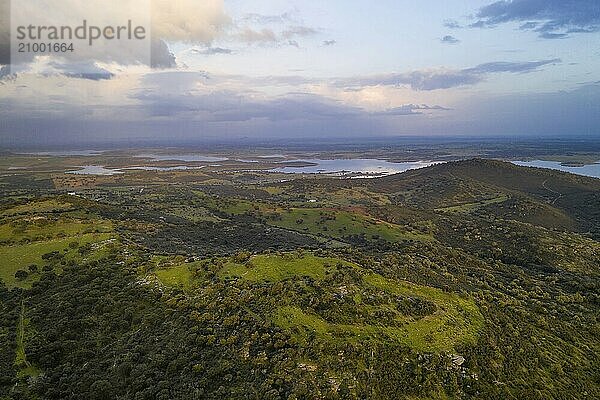 Alentejo drone aerial view of the landscape at sunset with alqueva dam reservoir  in Portugal