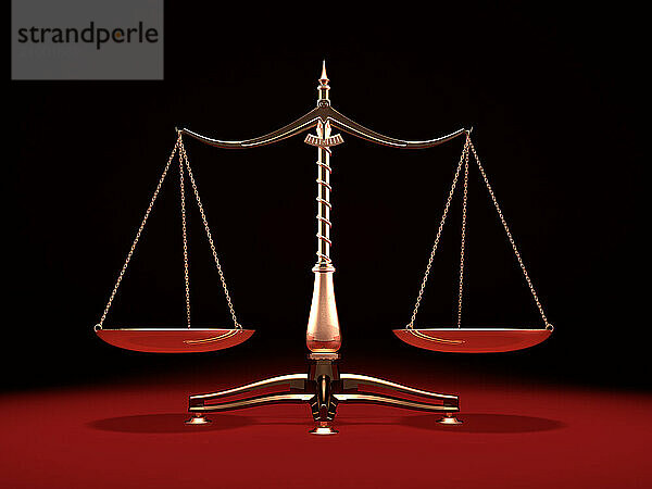 Balanced brass weight scales Law and Justice symbol Isolated on black red background