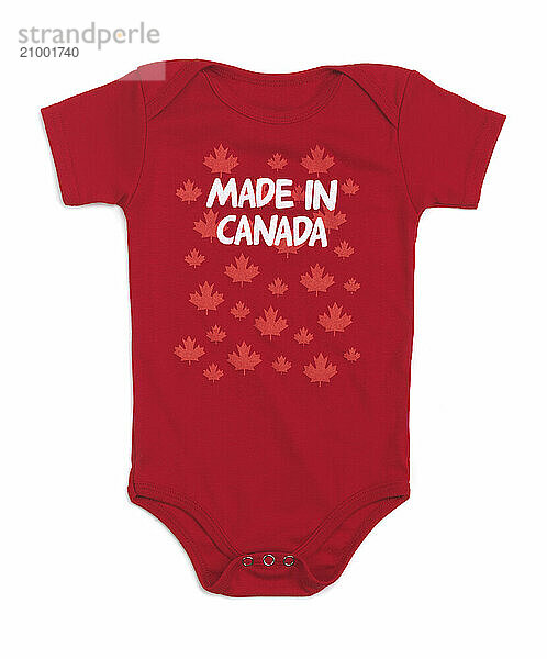 Bright red Made in Canada cotton infant bodysuit baby sleeper isolated on white background