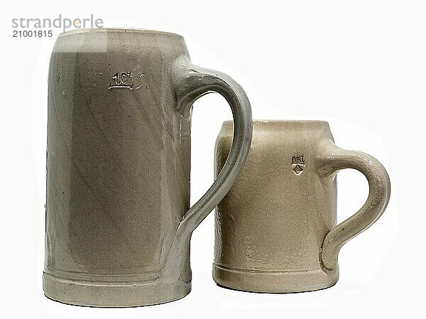 Bavarian beer mug made of stoneware with handle on white