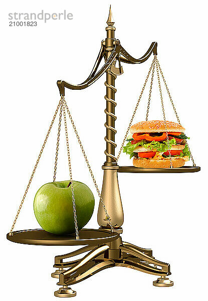 Big green ripe apple and junk food hamburger on scales isolated white background