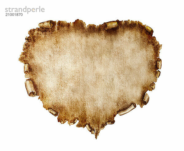 Blank heart-shaped vintage piece of parchment. Valentines Day Card love letter background isolated on white