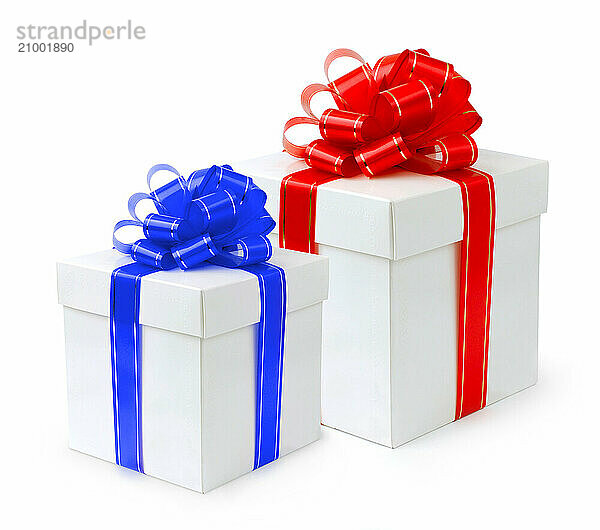 Fancy holiday gift boxes with red and blue bows Isolated on white background