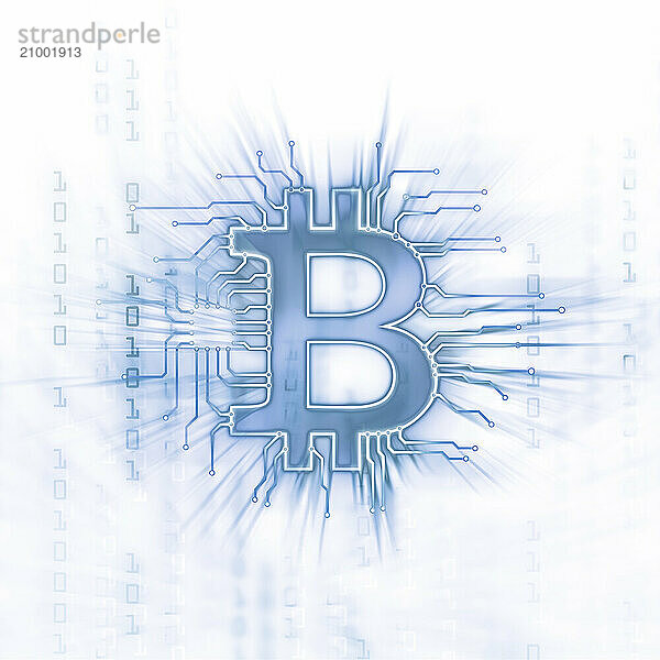 Bitcoin ? cryptocurrency  digital decentralized currency symbol conceptual illustration  bitcoin logo connected to a blockchain network. Blue on white background