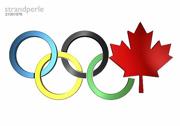 Olympic rings Vancouver 2010 concept with a Canada maple leaf symbol. Isolated on white background