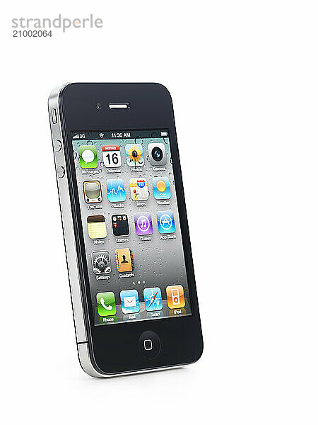 Apple iPhone 4 smartphone with desktop icons on its display isolated with clipping path on white background. High quality photo