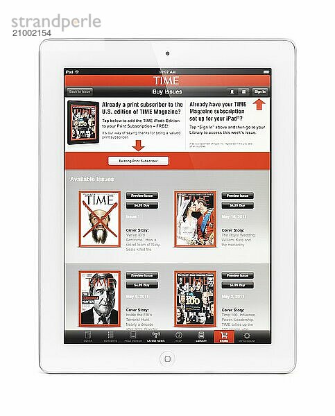 IPad 2 with electronic issue of Time magazine online store application on its display. Isolated with clipping path on white background