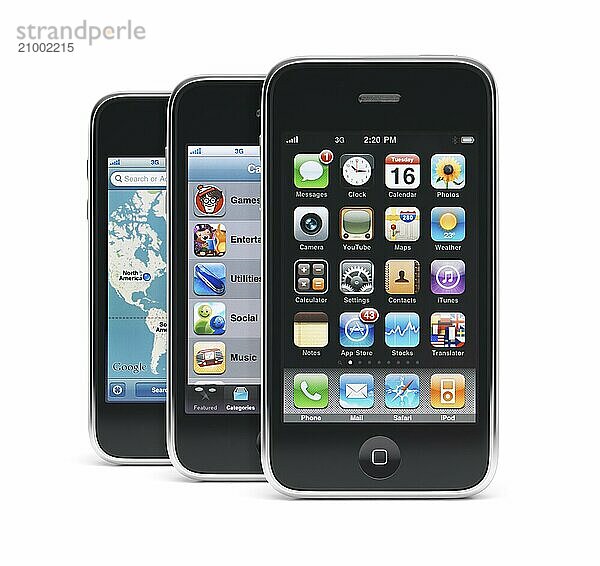 Three Apple iPhone 3Gs 3G smartphones displaying differnt app menus on their screens isolated on white background. High quality photo